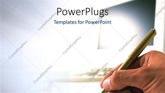  Presentation with pen - Human hand holding ball point pen writes with blurred computer monitor behind