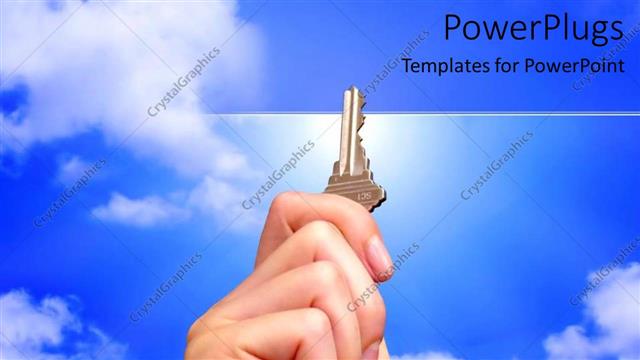  Presentation with clear - Human hand holding up a key with clear blue sky