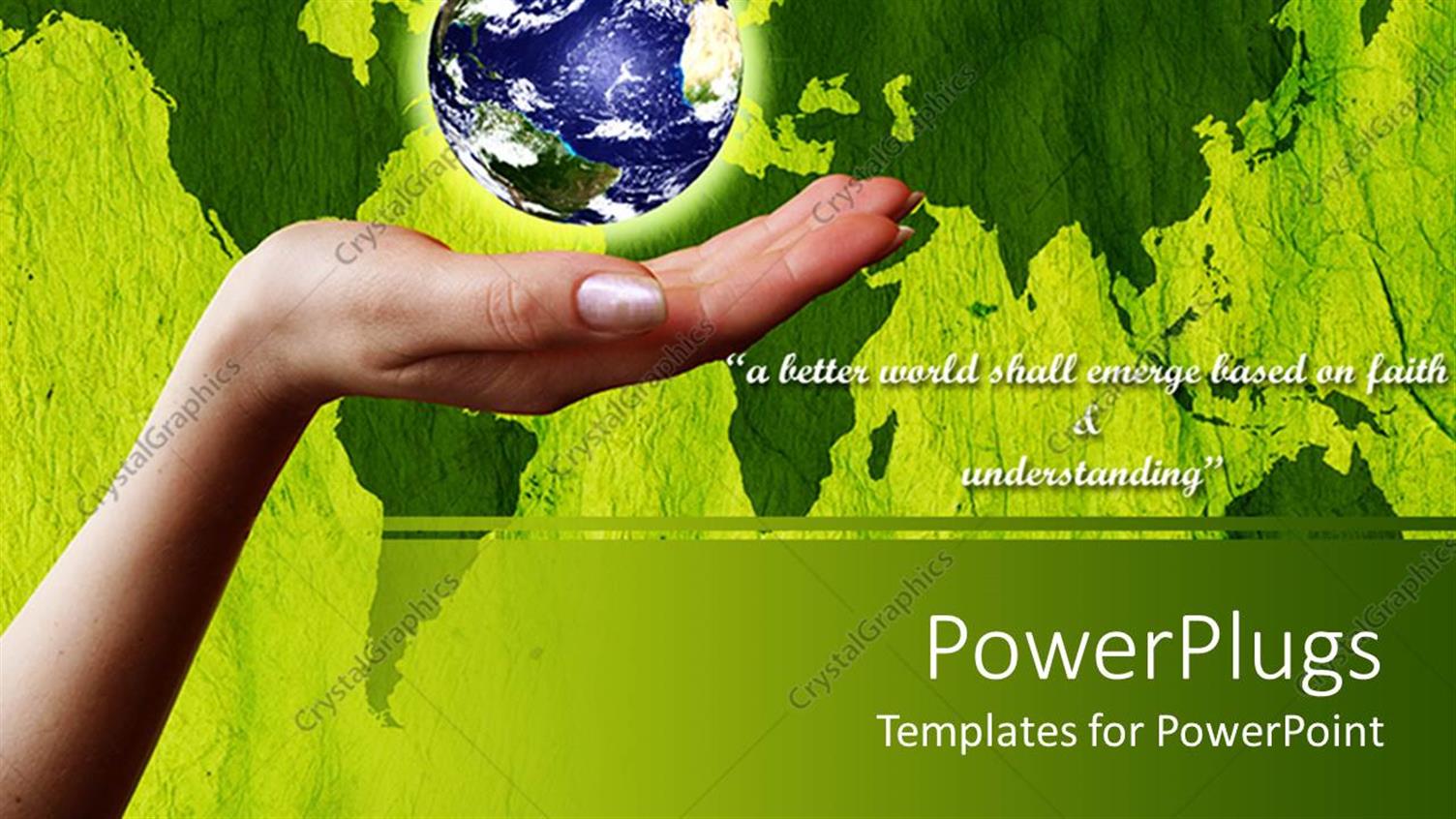 Featuring Human Hand with a Shinning Globe Over Hand and a Green Map Background