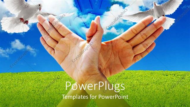  Presentation with dove - Human hands forming a dove with two doves on the background