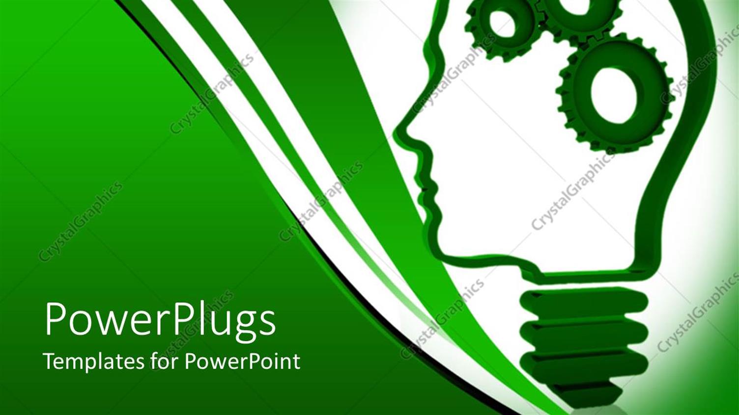 Featuring Human Head Light Bulb with Mechanical Gears Inside Representing the Brain on Green Background