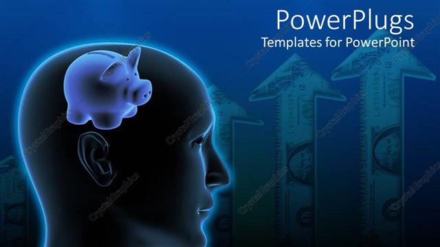  Presentation with bank - A human head with a piggy bank as a brain