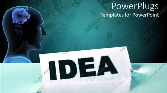  Presentation with floating - Human head with piggy bank in front of card floating on water with IDEA