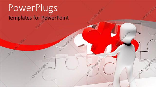  Presentation with together puzzle pieces - Human putting together puzzle with red and white pieces, metaphor, problem solving