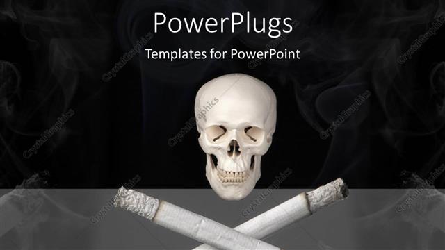  Presentation with skull - A human skull with two cigaretts on a black background