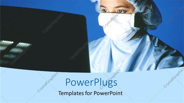  Presentation with surgical - Human wearing surgical out fit working on a computer