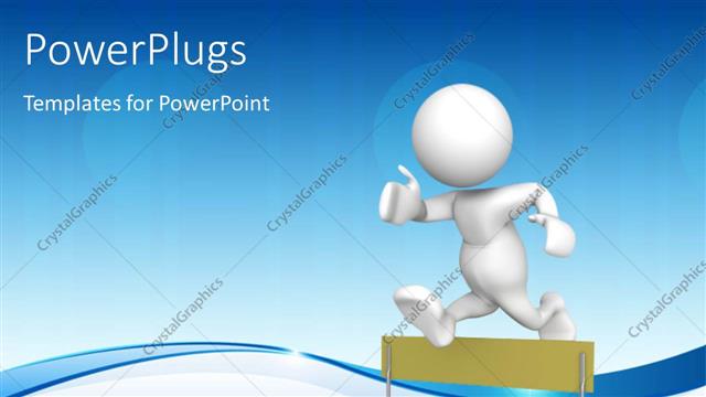  Presentation with overcoming - Humanoid crossing business hurdles with blue color 