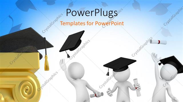  Presentation with done - Humanoids with graduation degree tossing graduation caps in air