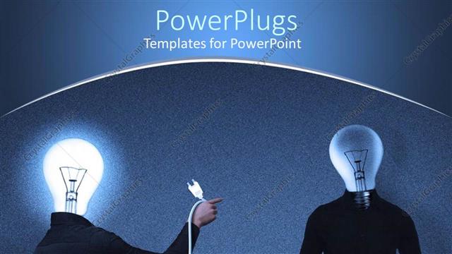  Presentation with light bulb - Information and idea sharing metaphor with man with light bulb head about to plug in another person
