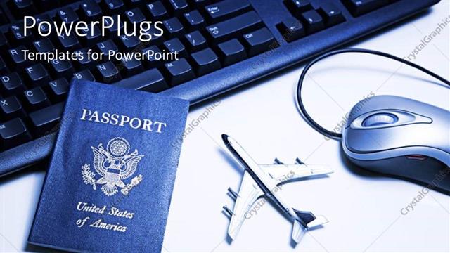  Presentation with toy - International travel passport on computer keyboard with mouse and airplane toy