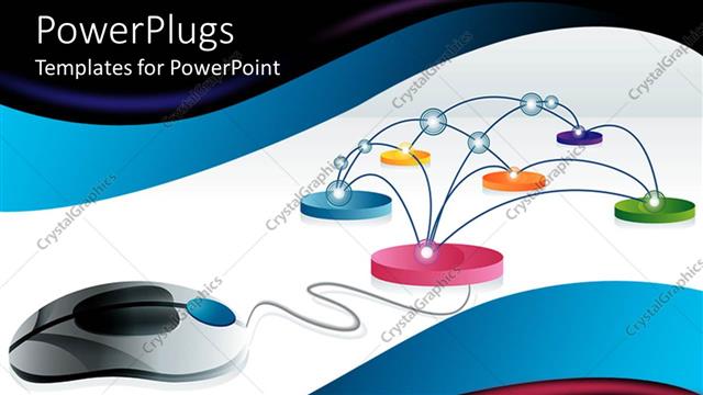  Presentation with interconnected - Internet connection, 3D digital representation of computer mouse linked to circular spots interconnected on reflective white surface