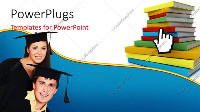  Presentation with pile - E-library depiction with mouse pointer on book pile and graduating students