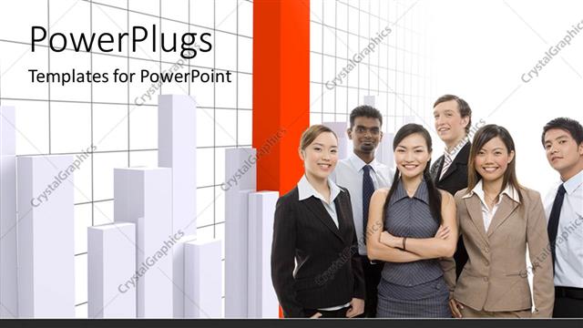  Presentation with bar - Interracial business team with high orange bar in graph
