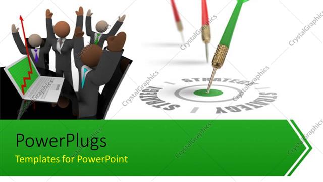  Presentation with marketing strategy - Investors with laptop and green tailed dart hitting bulls eye of target strategy?