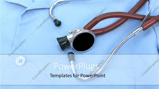  Presentation with red medical - Ironed and arranged doctors blue overall with a red stethoscope