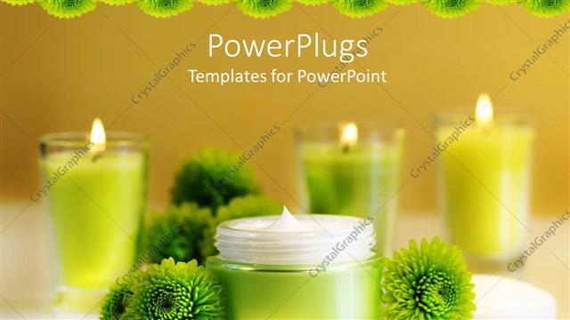 Preview This Beautiful Template for PowerPoint & Google Slides Jar of moisturizing face cream with green flowers and lit votive candles on brown background