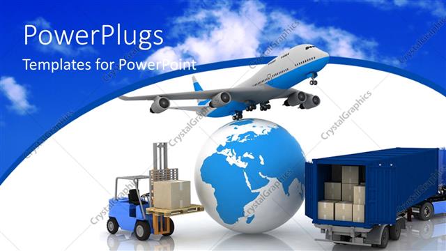  Presentation with transportation - Jet flying over a globe with shipping container and boxes
