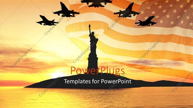 Presentation with airforce - Jets fly over the Statue of Liberty at sunrise, with American flag