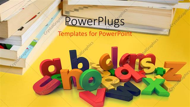  Presentation with multi - Jumbled up multi colored alphabets with books on a yellow background