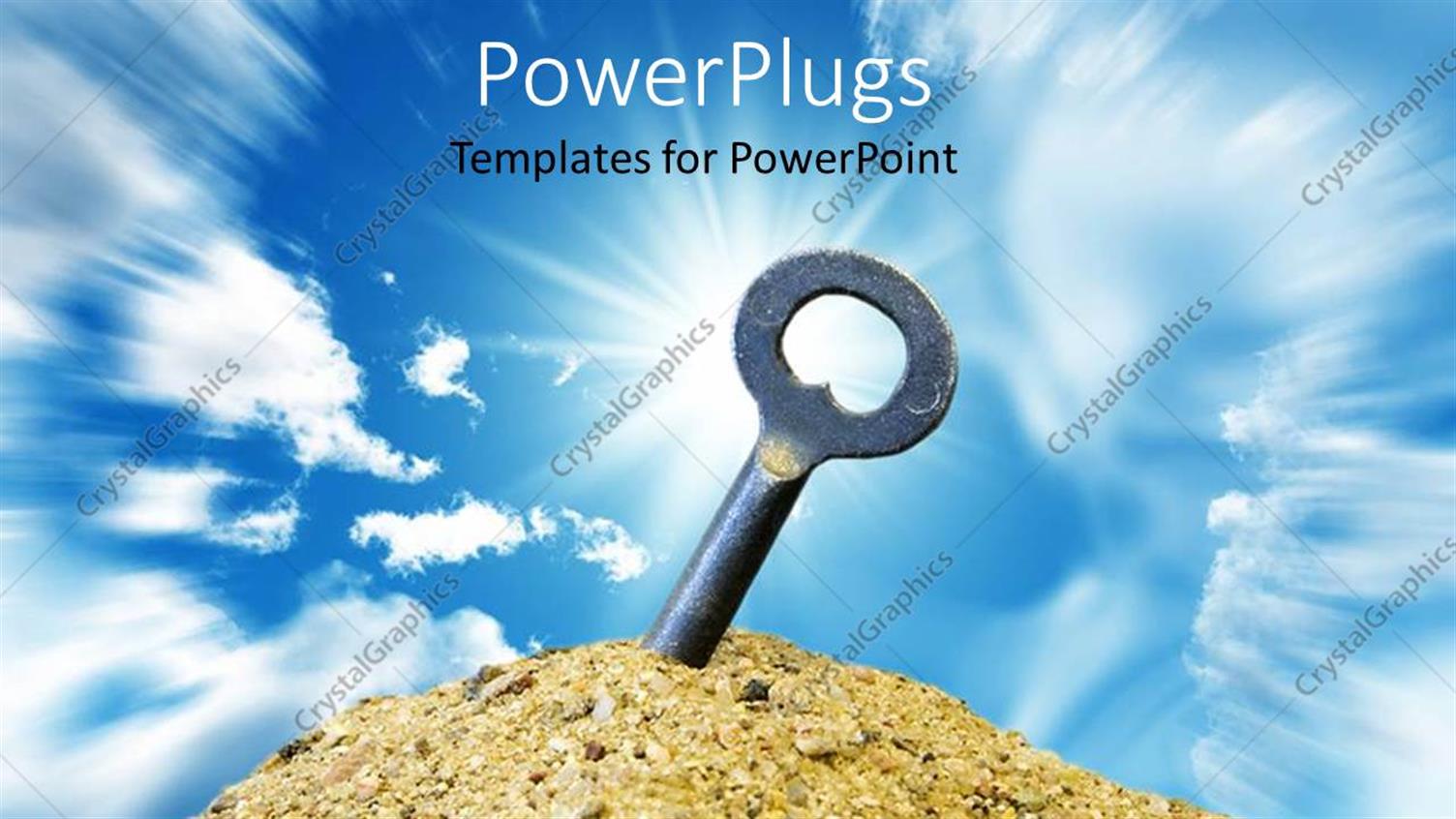 Featuring a Key Burried in the Sand with Sun in the Background