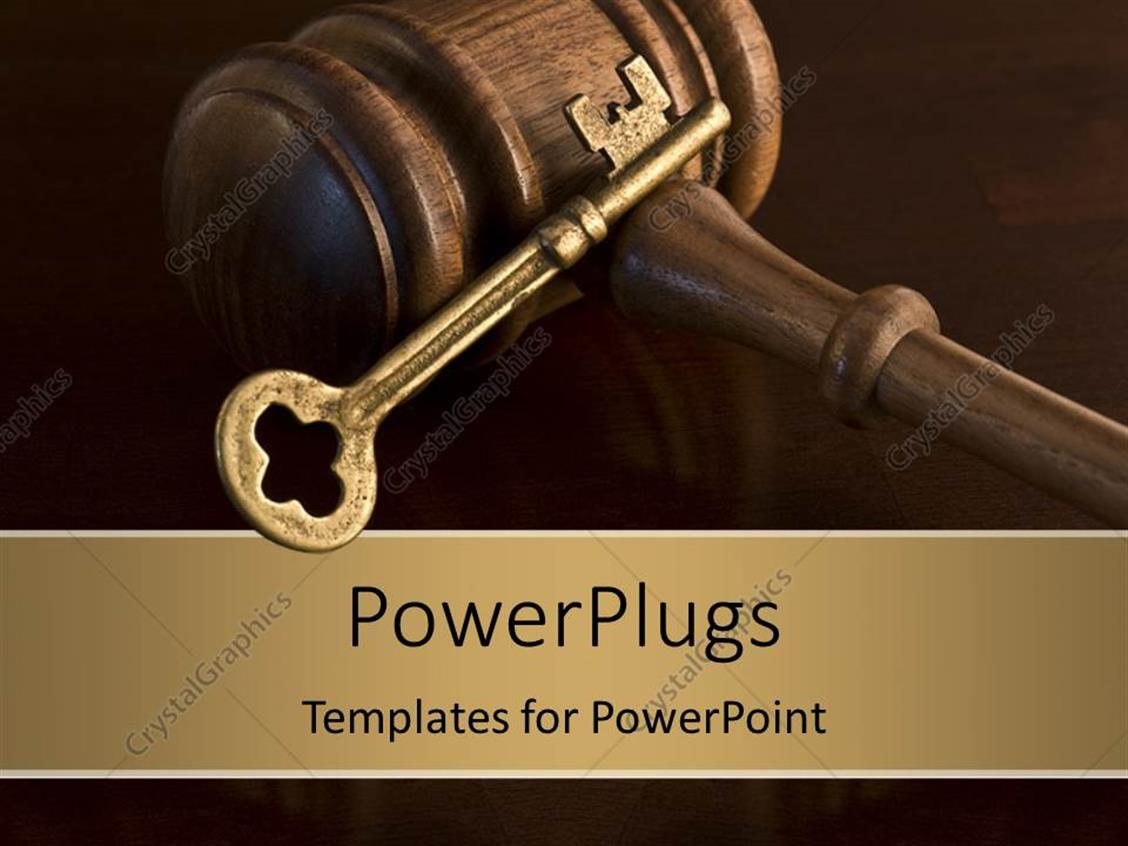 PowerPoint Template key and wooden judges gavel symbolic of judicial decisionmaking and