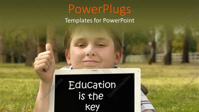  Presentation with educational - Kid with thumbs up next to laptop with red apple