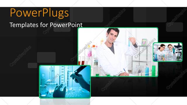  Presentation with tiles - Three tiles showing scientists working in labs on a black background