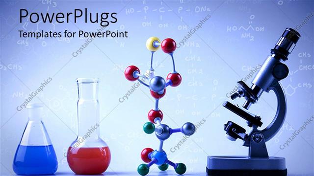  Presentation with chemistry - Lab equipment with vials with blue and red liquids, multicolored molecular chain and microscope on light blue background with chemical formulas