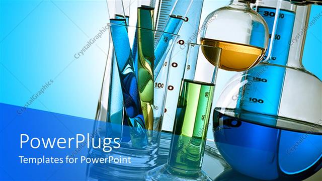  Presentation with flasks - Lab test tubes and flasks containing different colored liquids on light blue background