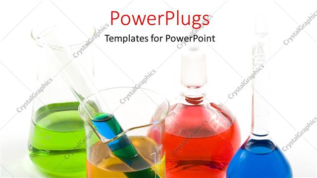  Presentation with flasks - Laboratory flasks with colorful solution samples over white surface