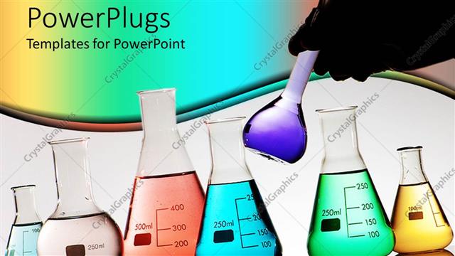  Presentation with flasks - Laboratory flasks each holding a different color liquid on a mirrored glass table