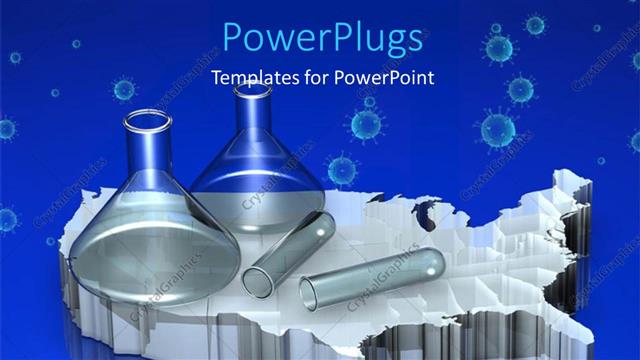  Presentation with flasks - Laboratory glass beakers and flasks on silver map over blue background