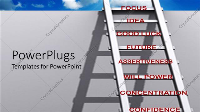  Presentation with wall - Ladder of success leaning against wall reaching the sky with words on the rungs