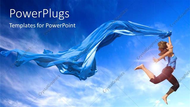  Presentation with joy - Lady in acrobatic jump holding blue scarf with green field