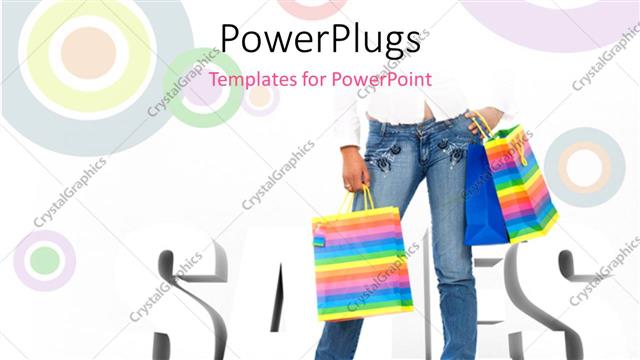  Presentation with sales - Lady carrying three shopping bags over abstract background with colored circles?
