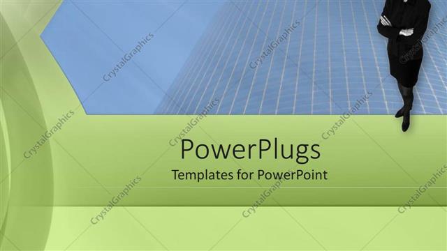  Presentation with lady - Lady corporately dressed and standing on a blue and green background