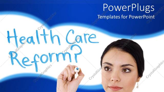  Presentation with writing - Lady doctor writing health care reform with a blue and white background