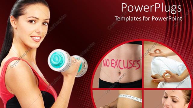  Presentation with exercises - Lady doing dumbbell exercises beside four tiles with slim ladies