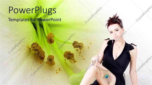  Presentation with peacock feather - Lady holding a peacock feather on a white flower background