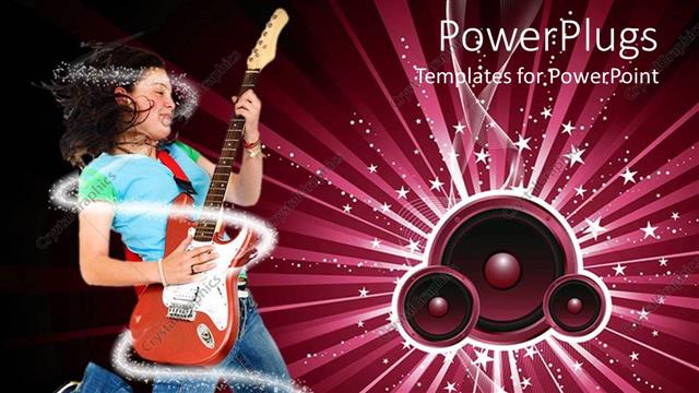  Presentation with speakers - Lady jumping happily and playing a guitar with speakers