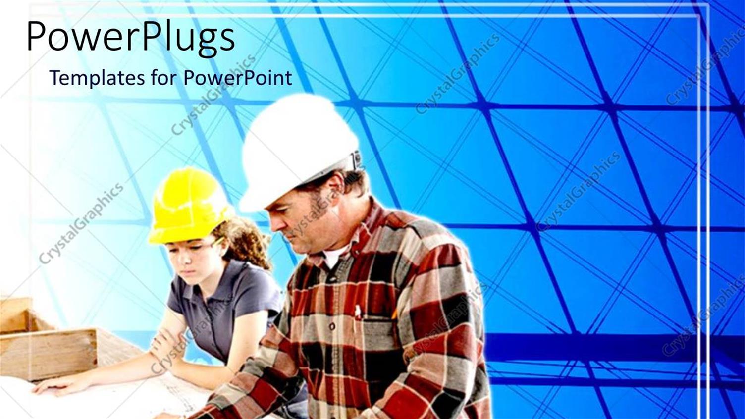 Featuring a Lady and a Man on Helmets  observing some Plans 