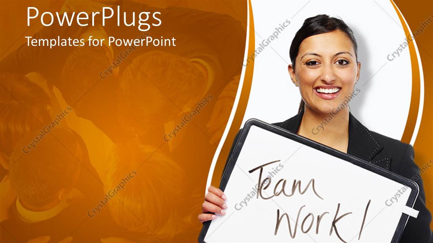 Featuring Lady Smiling and Holding a small White Board with Team Work Text
