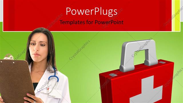  Presentation with aid - A lady wearing a lab coat and a stethoscope with a first aid box