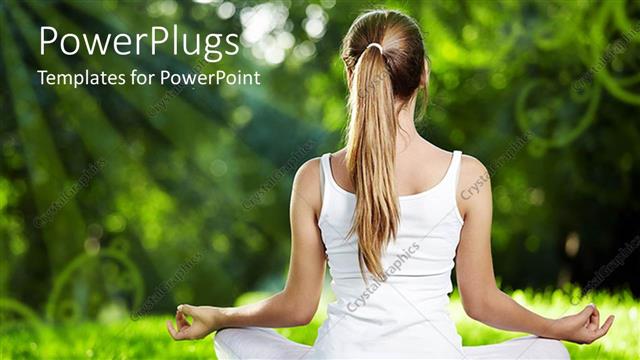  Presentation with posture - Lady in white in a  yoga posture on grass