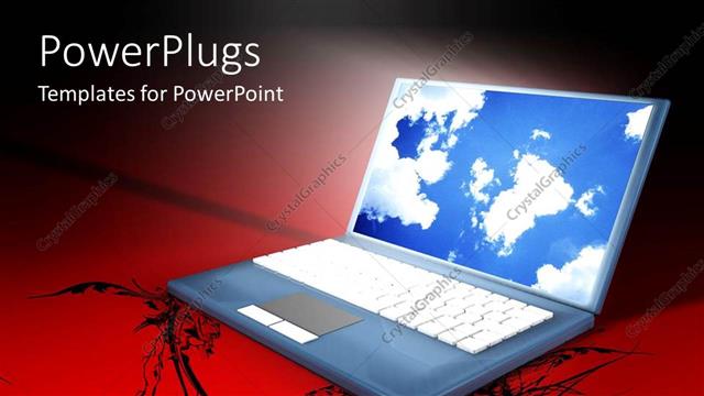  Presentation with black art - Laptop with blue cloud sky on screen, red and black art background, graphic design, designer