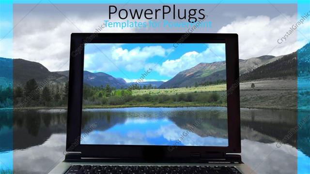  Presentation with laptop - Laptop close up with background of hills and lake