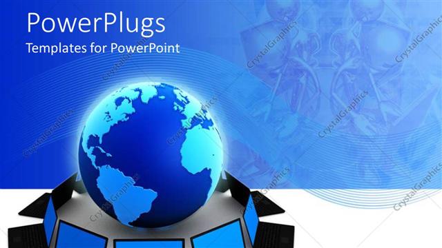  Presentation with laptop - Laptop computers around blue globe, men in background using computers