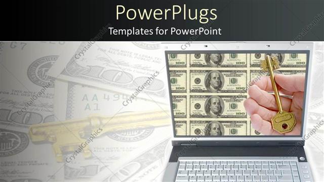  Presentation with bills - A laptop with dollar bills background and a hand holding a key
