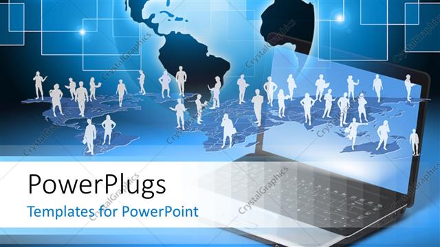  Presentation with virtual - Laptop and many white silhouettes with blue globe and abstract squares background