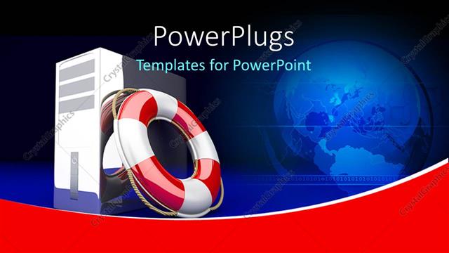  Presentation with tech support - Red lifesaver with computer central processing unit on blue background